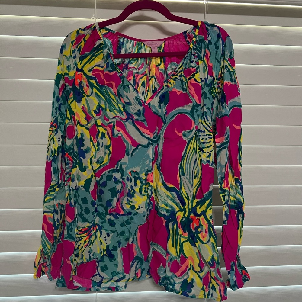 Lilly Pulitzer Pink and Yellow Graphic Long Sleeve Blouse